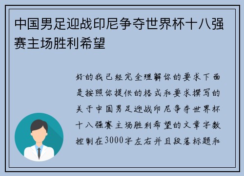 中国男足迎战印尼争夺世界杯十八强赛主场胜利希望
